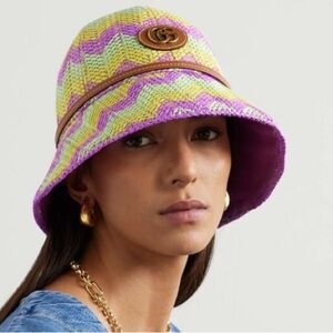 Gucci Woven Raffia Bucket Hat leather trim straw hat